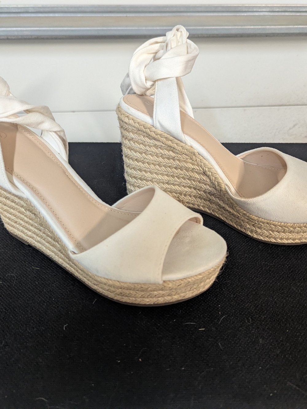 Cream Espadrille Wedge Sandals with Ankle Tie